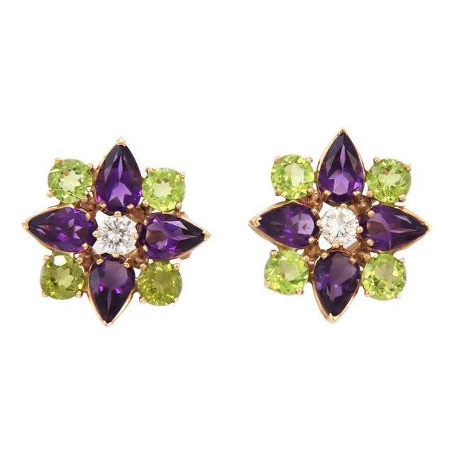 Estate 10.60ct Diamond Peridot Amethyst 14k Gold Flower Earrings, 2 pieces For Sale