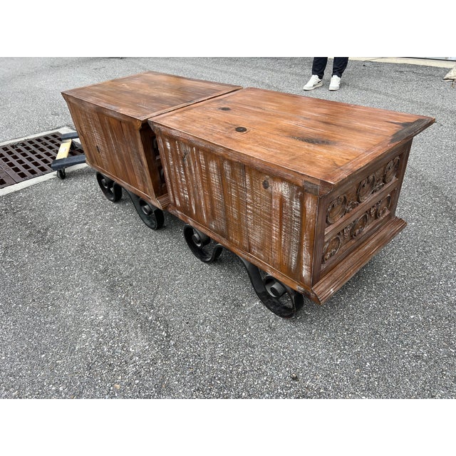 A beautiful and robust Spanish side tables,, the carvings on the front façade are large and vibrant, accented by a deep...