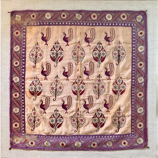 Textile Antique Indian Silk Embroidery Textile, Framed For Sale - Image 7 of 7
