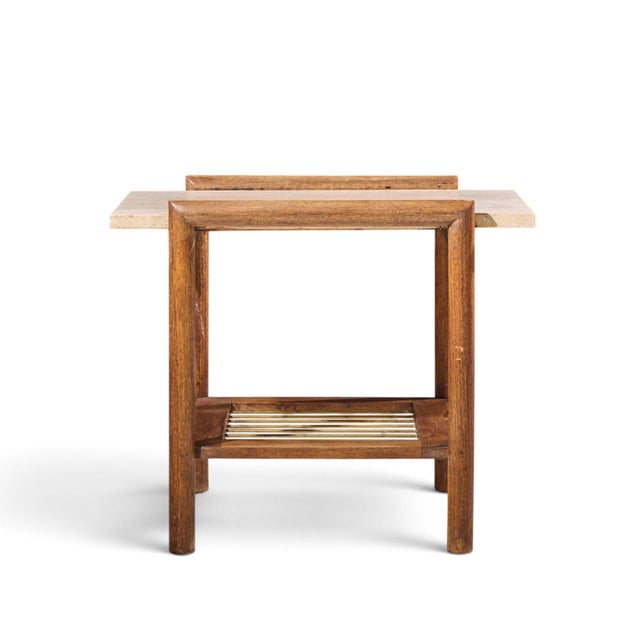 DUX Dux Style Mid Century Travertine and Oak Side End Tables - Pair For Sale - Image 4 of 11