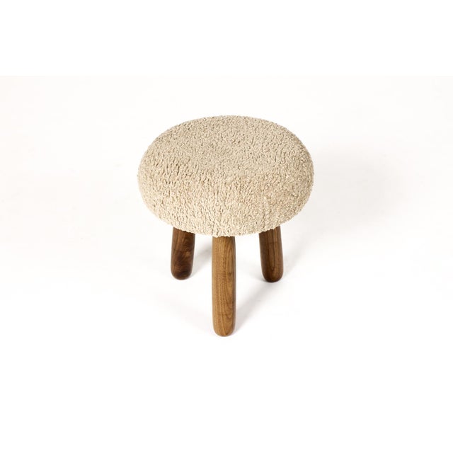 Mid-Century Modern Custom Awassi Tripod Ottoman Footstool — Turned Walnut Legs — Camel Tan Bouclé For Sale - Image 3 of 5