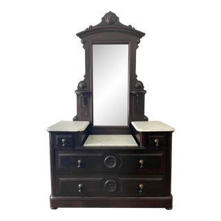 19th Century Antique Victorian Walnut Marble Top Dresser For Sale