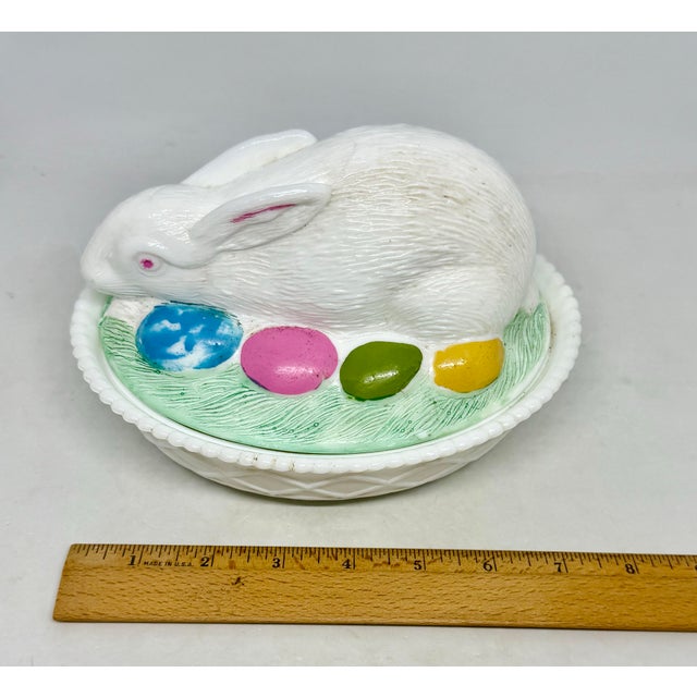Vintage Milk Glass Easter Bunny Rabbit Covered Painted Candy Trinket Dish & Lid For Sale - Image 10 of 12