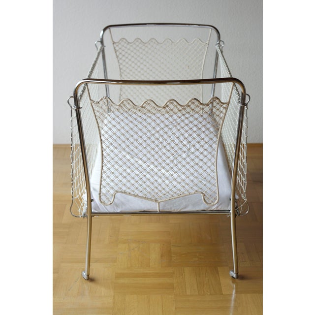 Ivory Vintage Childrens Bed in Tubular Steel, Rattan and Mesh, 1960s For Sale - Image 8 of 9