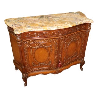 French Louis XVI Style Marble Top Burl Wood Server Dresser Commode Circa 1920 For Sale