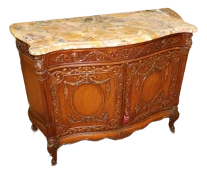 French Louis XVI Style Marble Top Burl Wood Server Dresser Commode Circa 1920