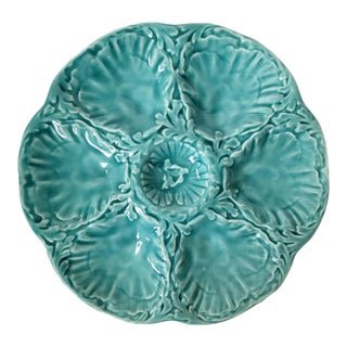 Mid-Century French Gien Turquoise Aqua Blue-Green Glazed Oyster Plate For Sale