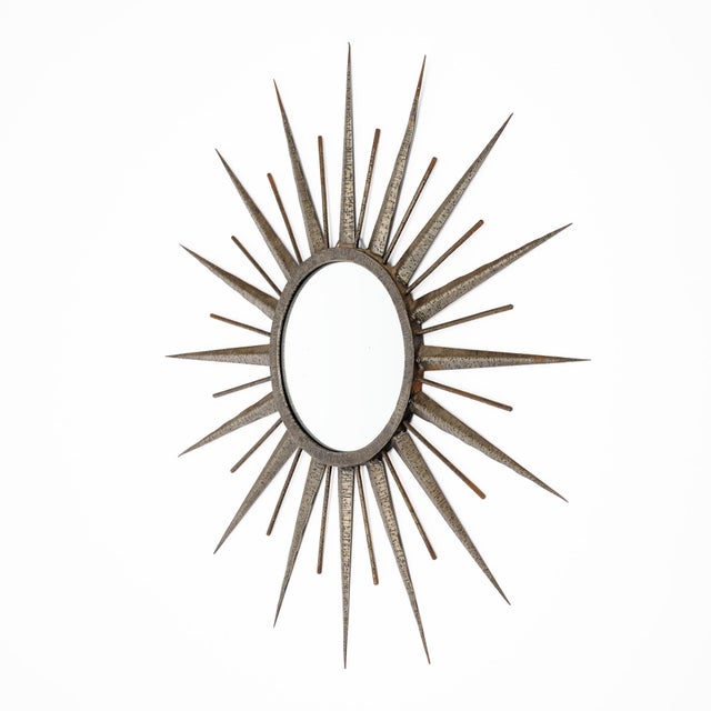 1940s French Mid-Century Modern Hand-Hammered Metal Sunburst Mirror, Circa 1960 For Sale - Image 5 of 9