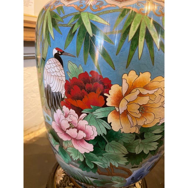 Vintage 1980s Cloisonné Large Floor Vases With Cranes & Flowers - a Pair For Sale In Phoenix - Image 6 of 13