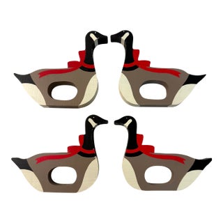 Vintage Set of 4 Wooden Christmas Goose With Bow Hallmark Napkin Rings For Sale