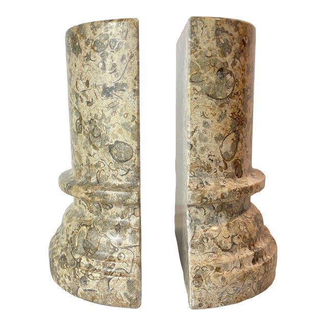 1980s Postmodern Fossil Stone Column Bookends Sculptural Natural Stone Pair For Sale