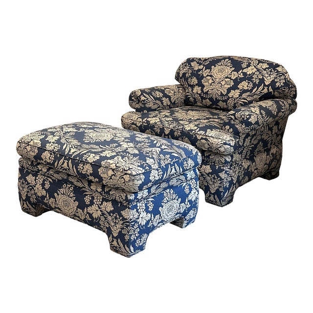Blue and White Club Chair With Ottoman For Sale