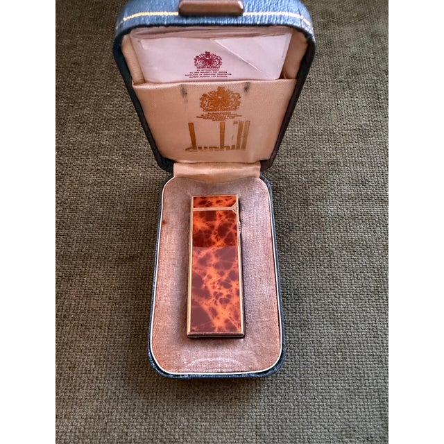Rare Vintage Dunhill Gold Plated Cognac Marble Lacquer Lighter Original Sky Case For Sale - Image 14 of 15