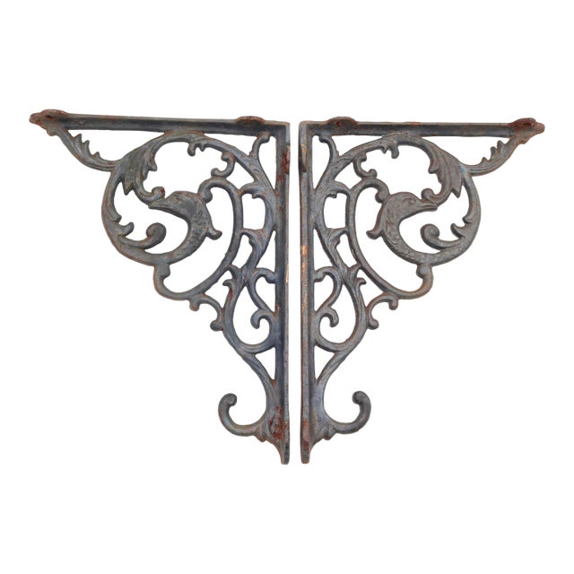 Pair of Victorian Gray Cast Iron Scroll Shelf Brackets For Sale