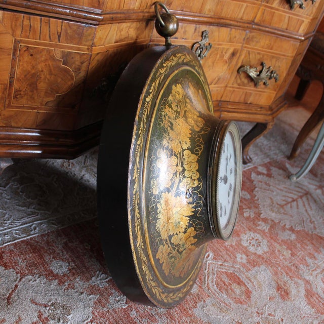 French Provincial Large French Charles X Painted and Gilded Tole Clock For Sale - Image 3 of 12