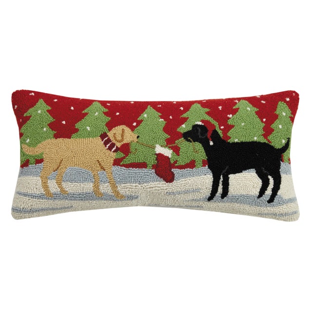 Traditional Playful Christmas Dogs Hook Pillow 12" x 26" For Sale - Image 3 of 3
