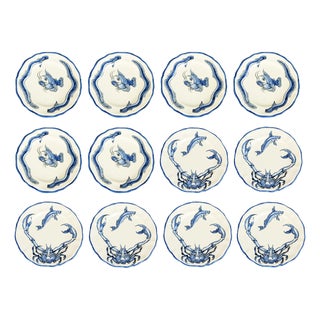 Italian Hand-Painted Ceramic Dishes by Giuseppe Mazzotti Albisola, 1930s, Set of 12 For Sale
