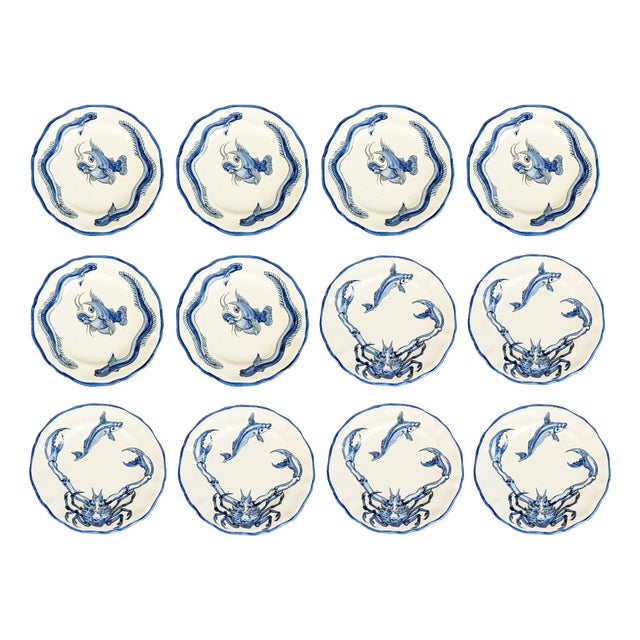 Italian Hand-Painted Ceramic Dishes by Giuseppe Mazzotti Albisola, 1930s, Set of 12 For Sale
