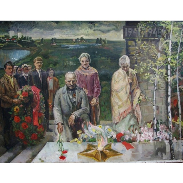 Soviet Era Oil Painting: Ukrainian Artist, War Memorial Scene, 1981 140-184 For Sale