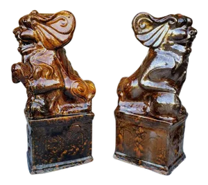 Qing Dynasty Chinese Architectural Temple Guardian Foo Dogs - a Pair