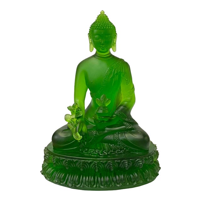 Crystal Glass Pate-De-Verre Green Gautama Amitabha Shakyamuni Statue For Sale