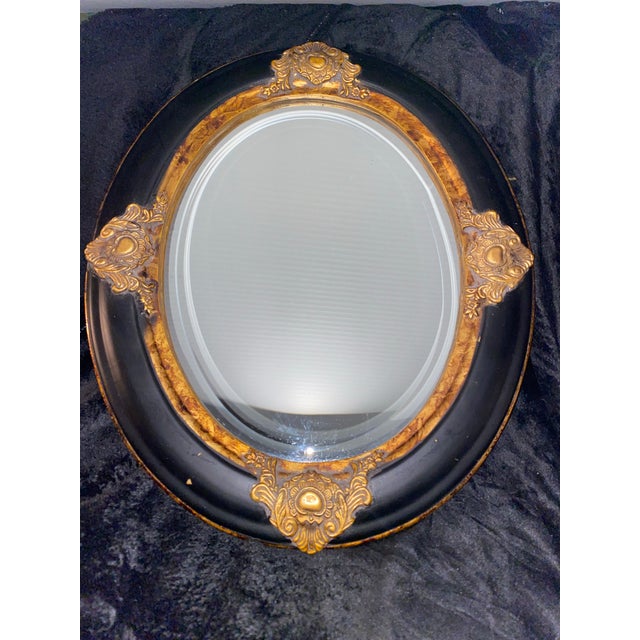 Vintage Oval Convex Mirror With Black and Gold Ornate Wooden Frame. For Sale - Image 4 of 12