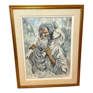 Vintage Carol M. West Religious Church Shepherd Sheep Watercolor Painting Art For Sale