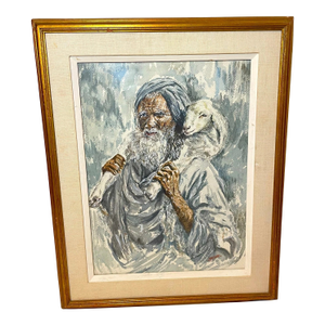 Vintage Carol M. West Religious Church Shepherd Sheep Watercolor Painting Art