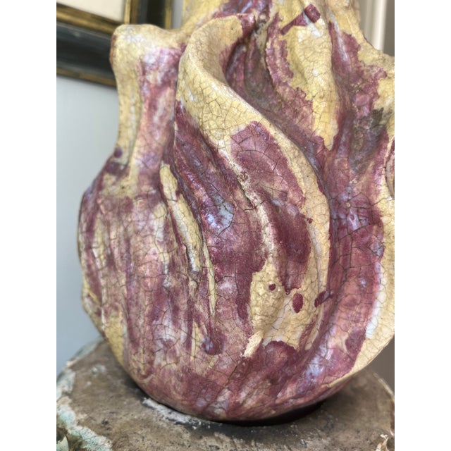 Late 20th Century Pair of Late 20th Century French Glazed Ceramic Flaming Urns on Stand For Sale - Image 5 of 12