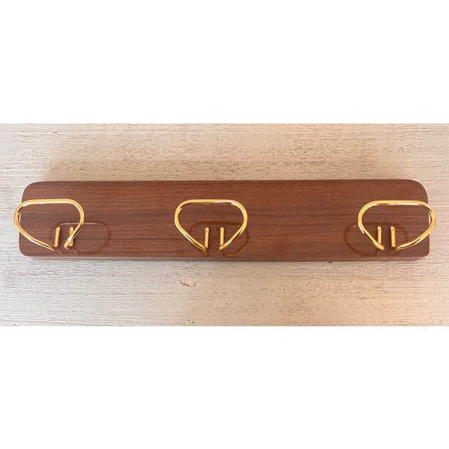 Italian, Mid-Century Modern Wood and Brass Wall Coat Hanger, 1960s For Sale - Image 4 of 10