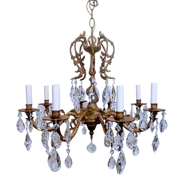 1930s Vintage Spanish Chandelier With Drop Crystals For Sale
