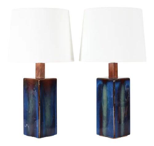Vintage Danish Sculptural Table Lamps with Glossy Dark Blue Glaze from Søholm, 1960s, Set of 2