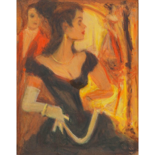 Wonderful two-sided mid century pulp art figurative painting of a woman at party in black evening gown and formal gloves,...