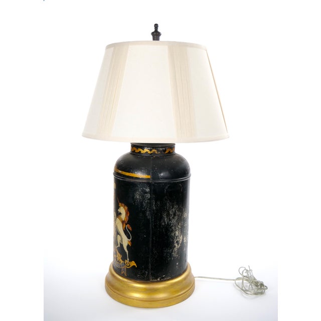 Late 19th Century Pair of English Late 19th-Century Black Painted Tole Canister Table Lamps For Sale - Image 5 of 14