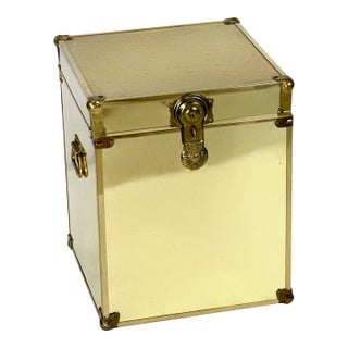 Vintage 1970s Large Hollywood Regency Brass Campaign Style Side Table Trunk W/ Lock & Keys For Sale