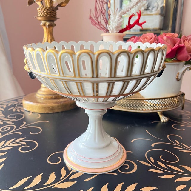 Antique Old Paris porcelain reticulated compote with gold bow and black ring detail // French porcelain // gilt accents // tazza // elegant For Sale In Kansas City - Image 6 of 12