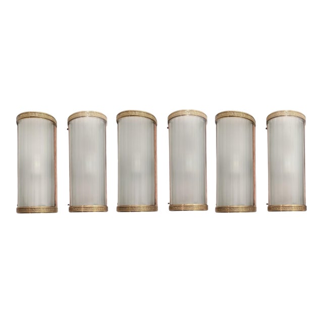 1940s Original Tubular Wall Sconces Ribbed Glass W/ Brass + Copper Frames - Set of 6 For Sale
