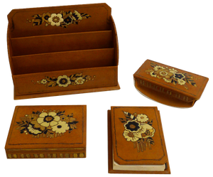 Vintage Art Deco Desktop Set in Leather, 1920s, Set of 4