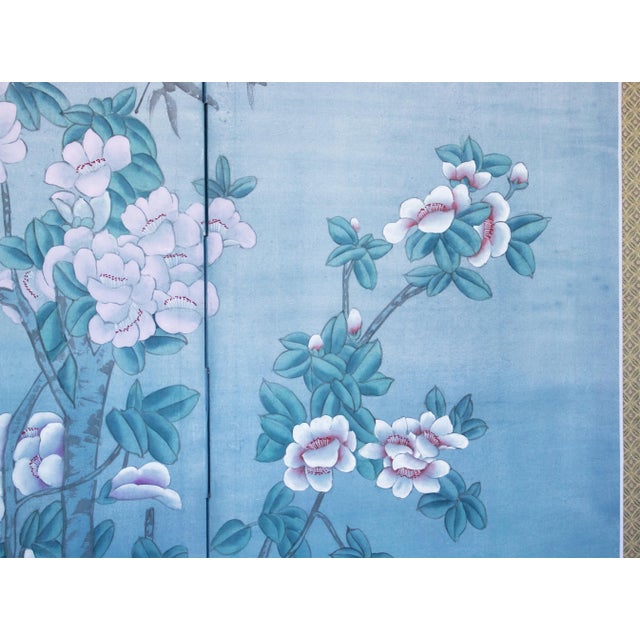 1970s Chinese Painted Silk Screen "Magnolia and Blue Jay" For Sale - Image 9 of 18