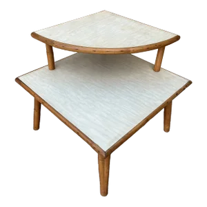 Mid Century Modern Two Tiered Rattan Corner Table. C 1950s