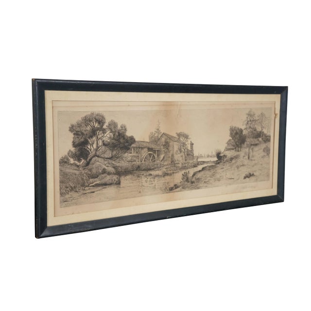 American Antique James J Calahan Signed Panaramic Water Mill Riverscape Etching 25" For Sale - Image 3 of 12