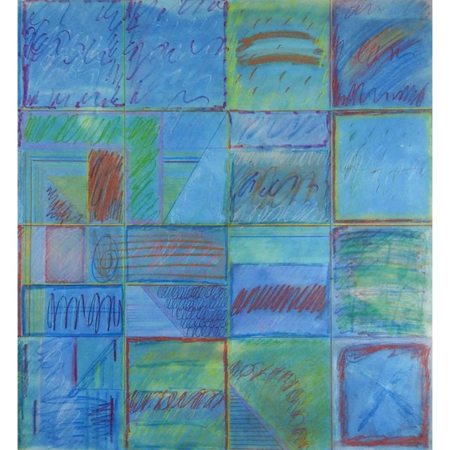 Mid-Century Modern Blue Squares Abstract Mixed Media Painting For Sale - Image 3 of 3