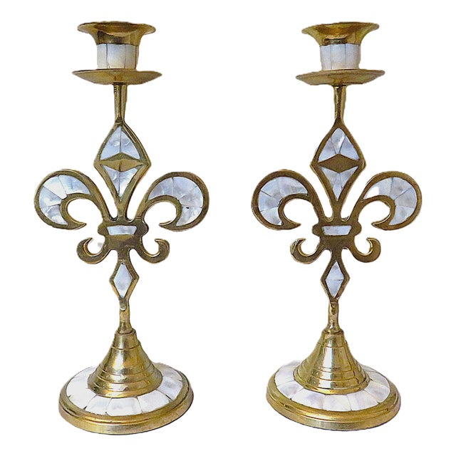 10" Pair of Fleur De Lis Candlesticks Brass & Mother of Pearl Candle Holders For Sale