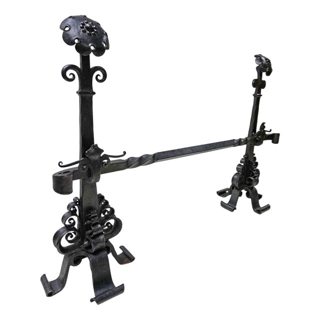 Amsterdamse School Dutch Art Deco Iron Andirons with Cross Bar, 1920s, Set of 3 For Sale