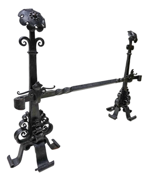Amsterdamse School Dutch Art Deco Iron Andirons with Cross Bar, 1920s, Set of 3