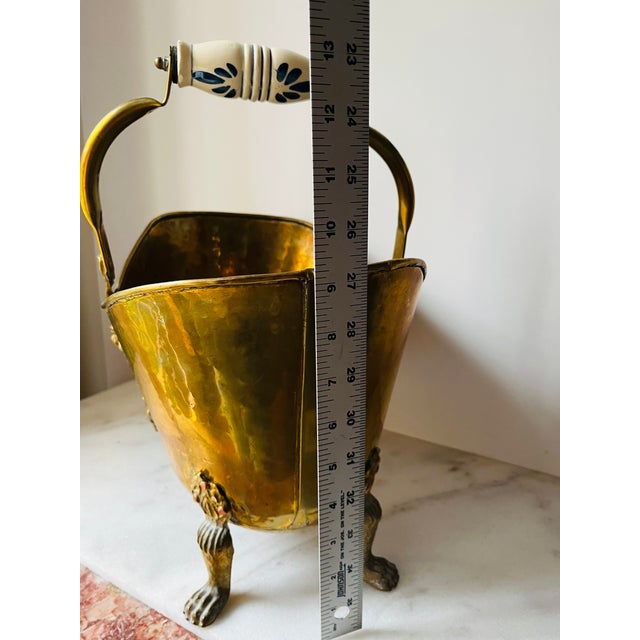 Vintage Brass Bucket With Ceramic Handle Lion Head Claw Feet For Sale - Image 10 of 16