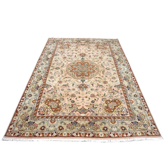 Vintage Persian Tabriz Wool & Silk 6x9 Mauve & Green Handmade Area Rug #1144055 For Sale - Image 4 of 12