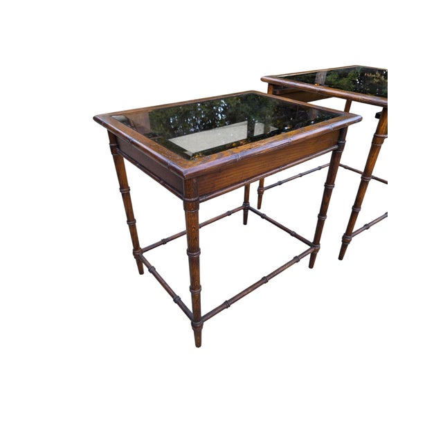 1980s Thomasville Vintage Faux Bamboo Nesting Stacking Tables Hollywood Regency Glass For Sale - Image 5 of 18