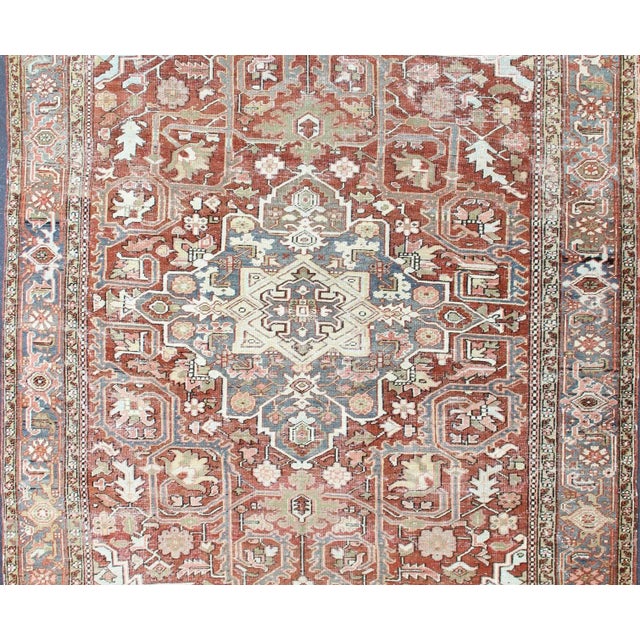 Persian Antique Heriz in Soft Red, Gray Blue, Pale Green & Geometric Design. Measures: 7'6 x 10'8 Gray blue, soft green,...