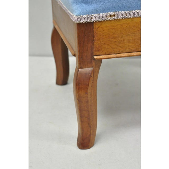 Victorian Antique Victorian Walnut Cabriole Leg Blue Tufted Footstool Ottoman Stool For Sale - Image 3 of 15